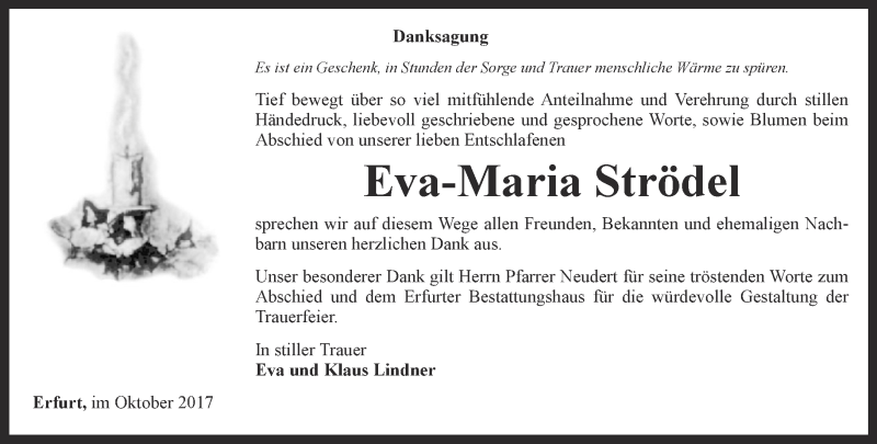  Traueranzeige für Eva-Maria Strödel vom 14.10.2017 aus Thüringer Allgemeine, Thüringische Landeszeitung