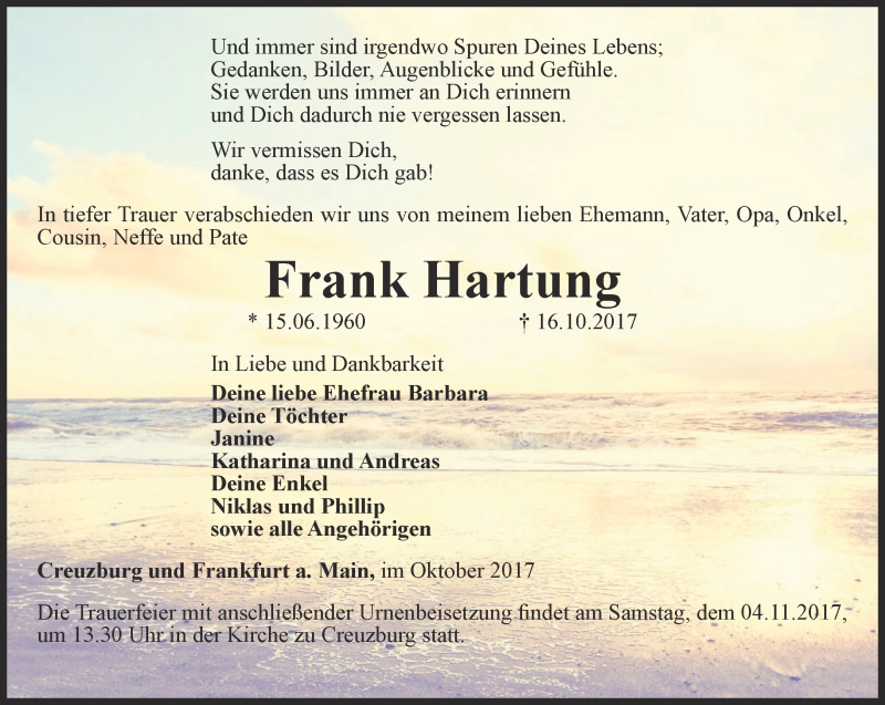  Traueranzeige für Frank Hartung vom 31.10.2017 aus Thüringer Allgemeine, Thüringische Landeszeitung