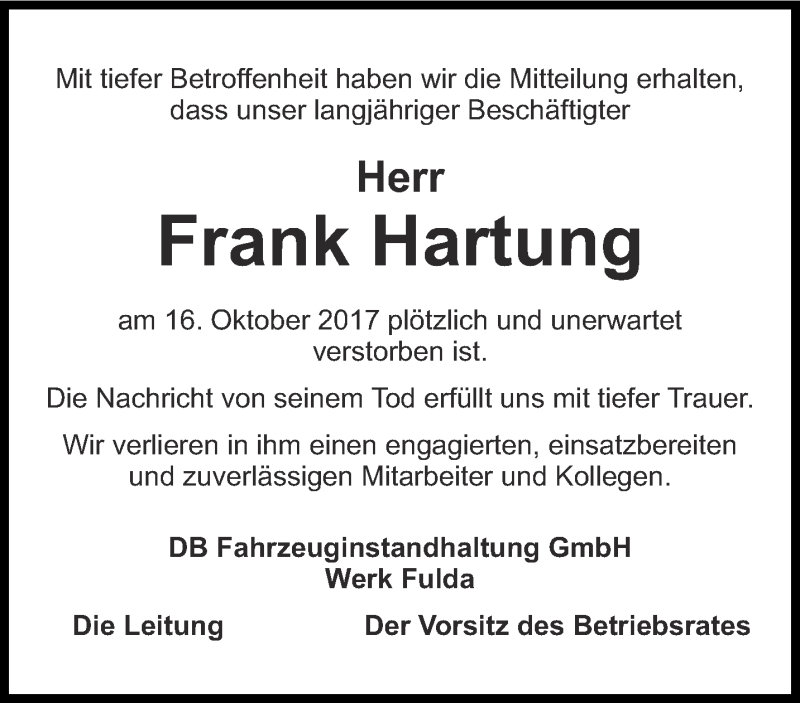  Traueranzeige für Frank Hartung vom 31.10.2017 aus Thüringer Allgemeine, Thüringische Landeszeitung