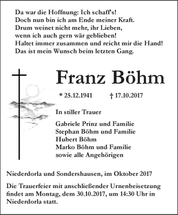 Traueranzeige von Franz Böhm von Thüringer Allgemeine, Thüringische Landeszeitung