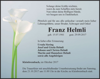 Traueranzeige von Franz Helmli von Thüringer Allgemeine