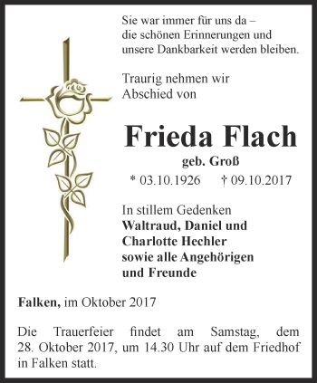 Traueranzeige von Frieda Flach von Thüringer Allgemeine, Thüringische Landeszeitung