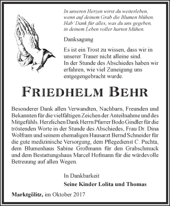 Traueranzeige von Friedhelm Behr