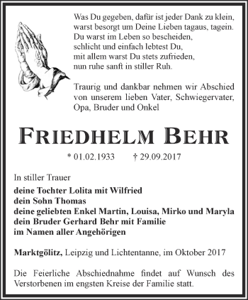 Traueranzeige von Friedhelm Behr