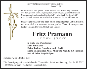 Traueranzeige von Fritz Pramann von Ostthüringer Zeitung