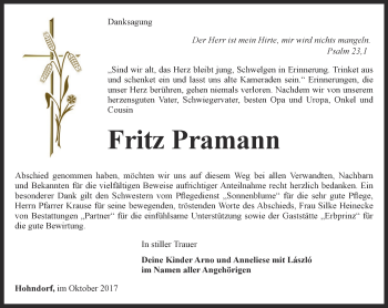 Traueranzeige von Fritz Pramann von Ostthüringer Zeitung