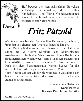 Traueranzeige von Fritz Pätzold von Thüringer Allgemeine, Thüringische Landeszeitung