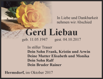 Traueranzeige von Gerd Liebau von Ostthüringer Zeitung
