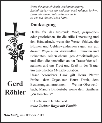 Traueranzeige von Gerd Röhler von Ostthüringer Zeitung