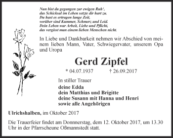 Traueranzeige von Gerd Zipfel von Thüringer Allgemeine, Thüringische Landeszeitung