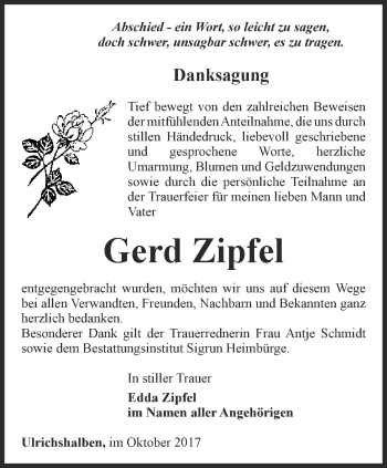 Traueranzeige von Gerd Zipfel von Thüringer Allgemeine, Thüringische Landeszeitung