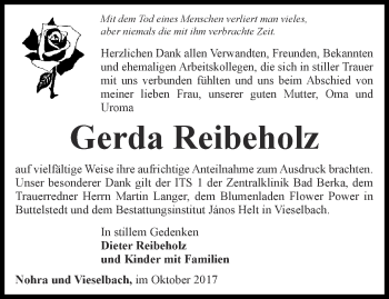 Traueranzeige von Gerda Reibeholz von Thüringer Allgemeine, Thüringische Landeszeitung
