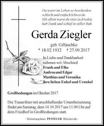 Traueranzeige von Gerda Ziegler von Thüringer Allgemeine