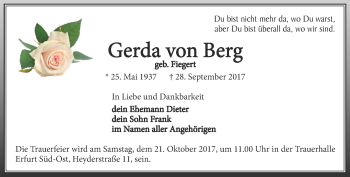 Traueranzeige von Gerda von Berg von Thüringer Allgemeine, Thüringische Landeszeitung