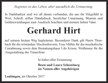 Traueranzeige von Gerhard Hirt von Thüringer Allgemeine