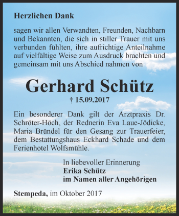 Traueranzeige von Gerhard Schütz von Thüringer Allgemeine