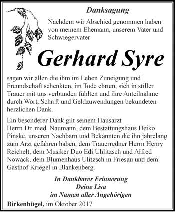 Traueranzeige von Gerhard Syre von Ostthüringer Zeitung