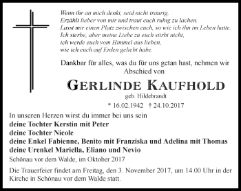 Traueranzeige von Gerlinde Kaufhold von Ostthüringer Zeitung, Thüringische Landeszeitung