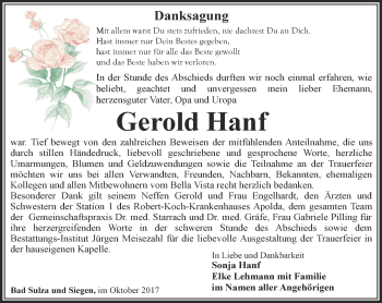 Traueranzeige von Gerold Hanf von Thüringer Allgemeine, Thüringische Landeszeitung