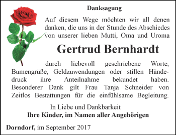 Traueranzeige von Gertrud Bernhardt von Ostthüringer Zeitung, Thüringische Landeszeitung