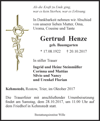 Traueranzeige von Gertrud Henze von Thüringer Allgemeine