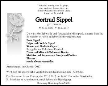 Traueranzeige von Gertrud Sippel von Thüringer Allgemeine