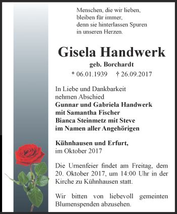 Traueranzeige von Gisela Handwerk von Thüringer Allgemeine, Thüringische Landeszeitung