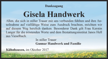 Traueranzeige von Gisela Handwerk von Thüringer Allgemeine, Thüringische Landeszeitung