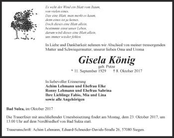 Traueranzeige von Gisela König von Thüringer Allgemeine, Thüringische Landeszeitung