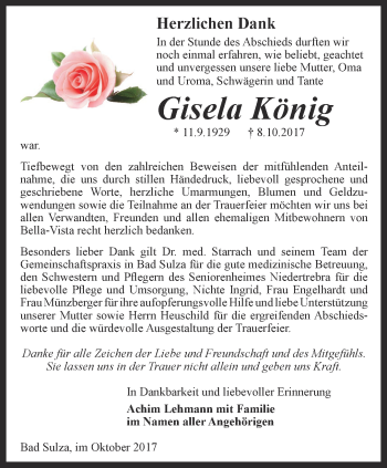 Traueranzeige von Gisela König von Thüringer Allgemeine, Thüringische Landeszeitung