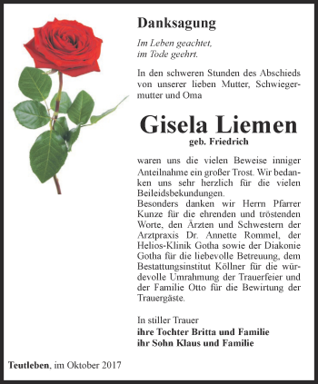 Traueranzeige von Gisela Liemen von Ostthüringer Zeitung, Thüringische Landeszeitung