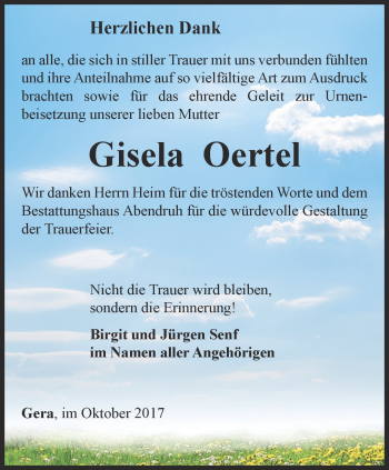 Traueranzeige von Gisela Oertel von Ostthüringer Zeitung