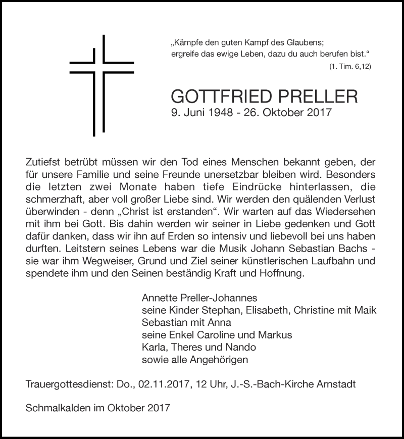  Traueranzeige für Gottfried Preller vom 31.10.2017 aus Thüringer Allgemeine