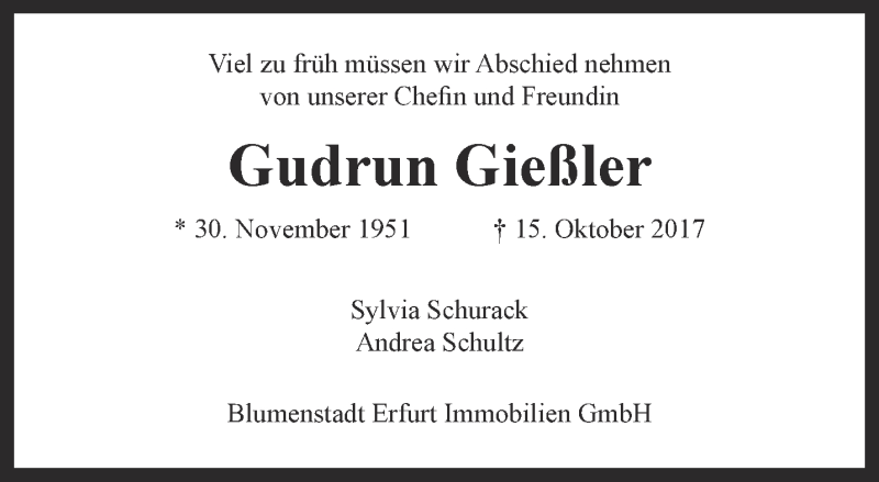  Traueranzeige für Gudrun Gießler vom 28.10.2017 aus Thüringer Allgemeine, Thüringische Landeszeitung
