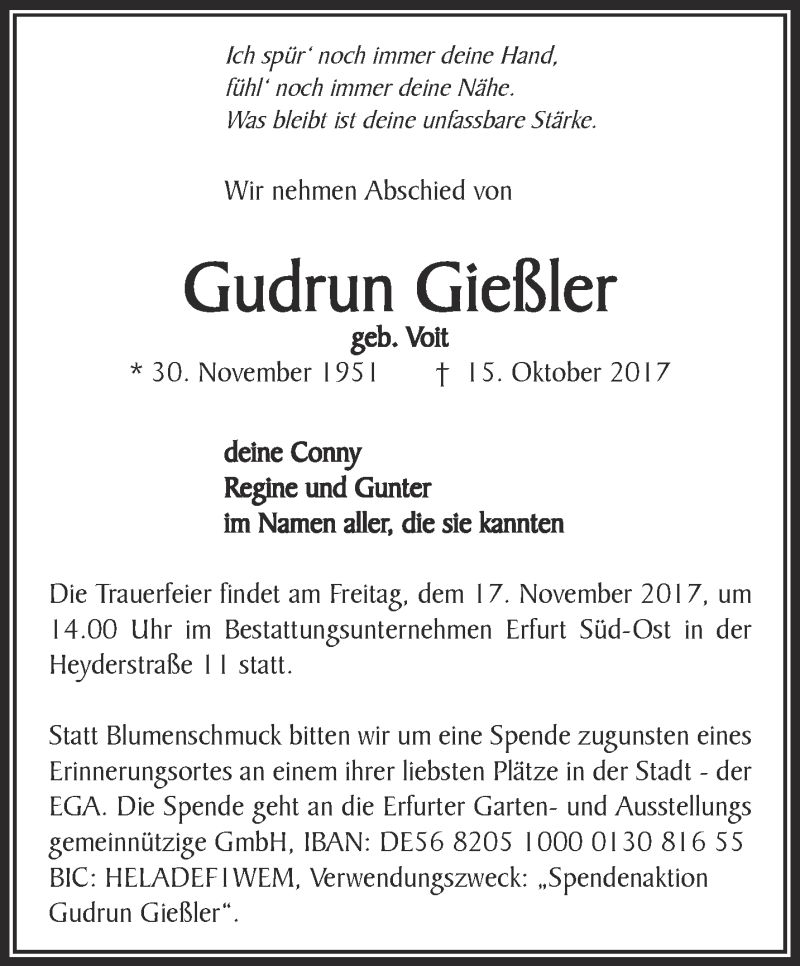  Traueranzeige für Gudrun Gießler vom 21.10.2017 aus Thüringer Allgemeine, Thüringische Landeszeitung