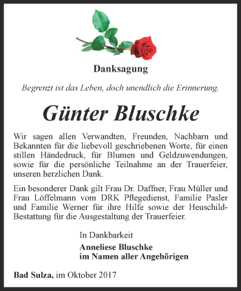 Traueranzeige von Günter Bluschke von Thüringer Allgemeine, Thüringische Landeszeitung