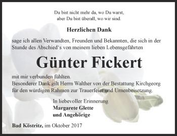 Traueranzeige von Günter Fickert von Ostthüringer Zeitung