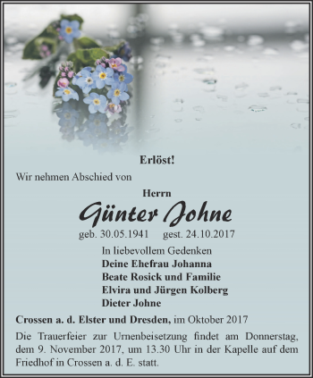 Traueranzeige von Günter Johne von Ostthüringer Zeitung