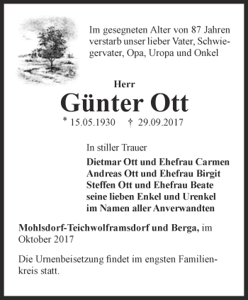 Traueranzeige von Günter Ott von Ostthüringer Zeitung