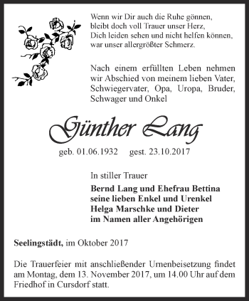 Traueranzeige von Günther KLang von Ostthüringer Zeitung