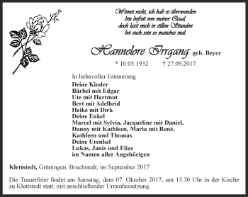 Traueranzeige von Hannelore Irrgang von Thüringer Allgemeine, Thüringische Landeszeitung