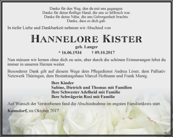 Traueranzeige von Hannelore Kister von Ostthüringer Zeitung