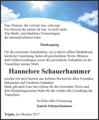 Traueranzeige von Hannelore Schauerhammer