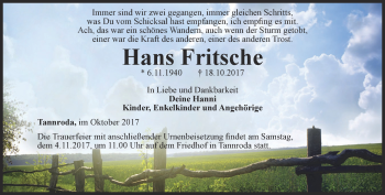 Traueranzeige von Hans Fritsche von Thüringer Allgemeine, Thüringische Landeszeitung