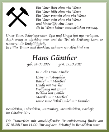 Traueranzeige von Hans Günther von Thüringer Allgemeine