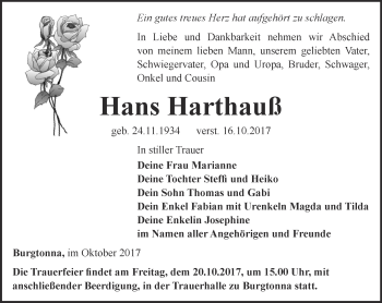 Traueranzeige von Hans Harthauß von Ostthüringer Zeitung, Thüringische Landeszeitung