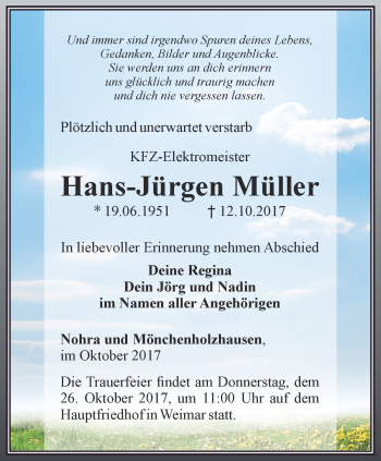 Traueranzeige von Hans-Jürgen Müller von Thüringer Allgemeine, Thüringische Landeszeitung