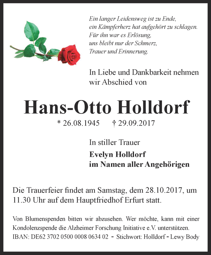  Traueranzeige für Hans-Otto Holldorf vom 14.10.2017 aus Thüringer Allgemeine, Thüringische Landeszeitung