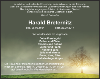 Traueranzeige von Harald Breternitz von Thüringer Allgemeine