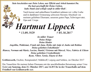 Traueranzeige von Hartmut Lippeck von Ostthüringer Zeitung